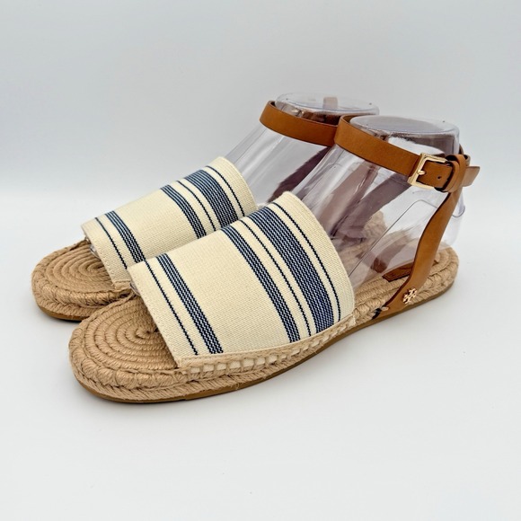 Tory Burch Espadrille Sandals Blue Ivory Striped Leather Ankle Strap Jute Size 8 - Picture 3 of 13